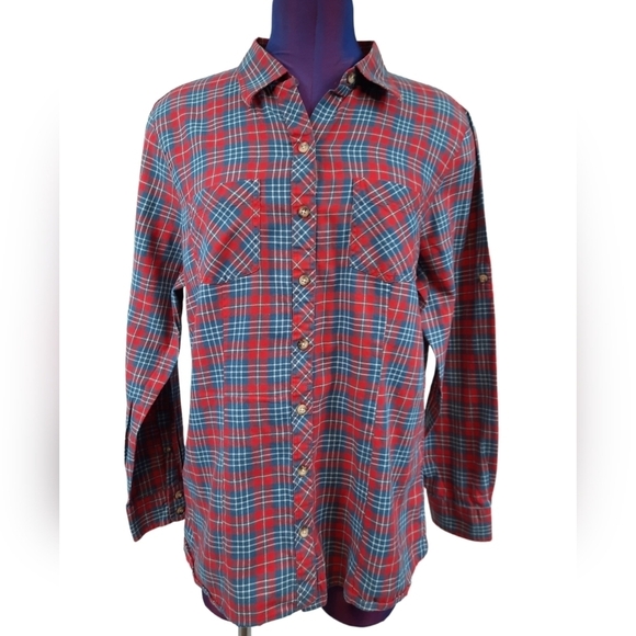 L.L. Bean Red White & Blue Button Down Plaid Roll Tab Sleeve Shirt Size Medium - Picture 1 of 9